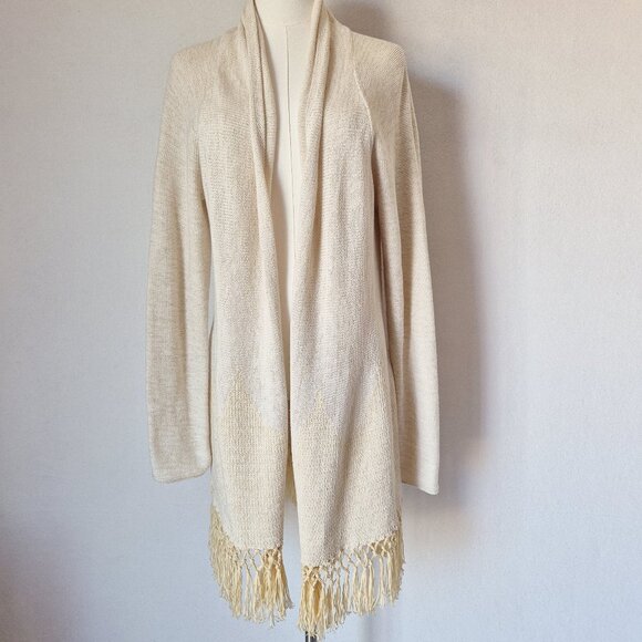 Lilly Pulitzer Tatum Fringe Hem Open Cardigan Cotton Blend Beige Gold Metallic - Picture 2 of 15